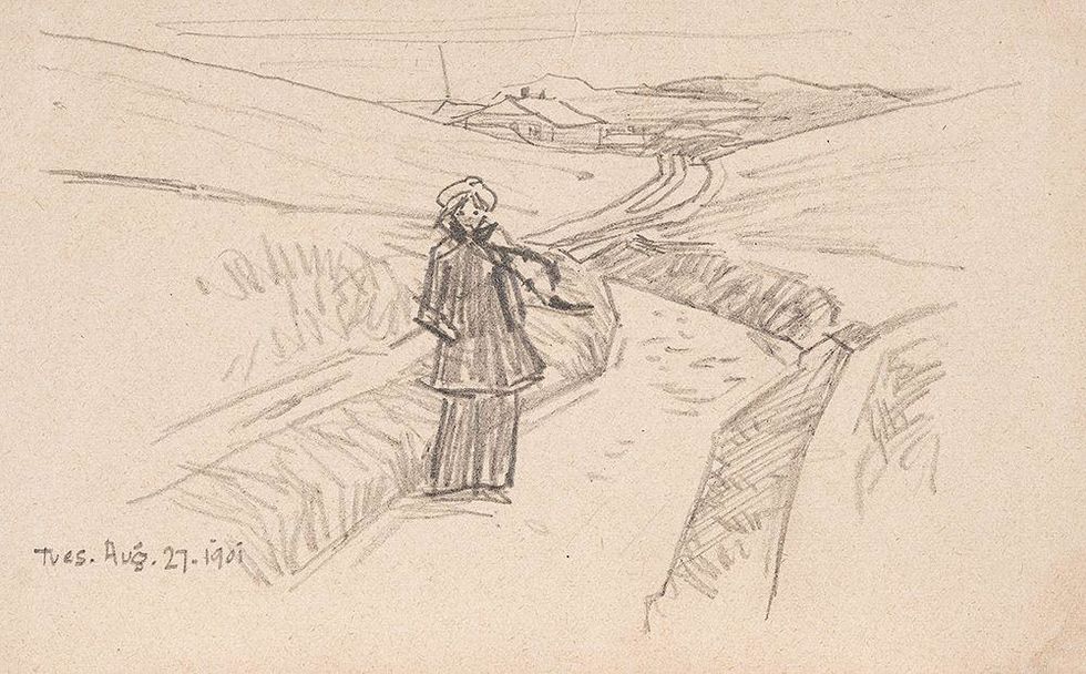 Lyonel Feininger, Frau am Landweg, Rügen, (Woman on Path, Rügen), Bleistift auf Papier. 1901. 105 x 175 mm. U. l. datiert Tues. Aug. 27.